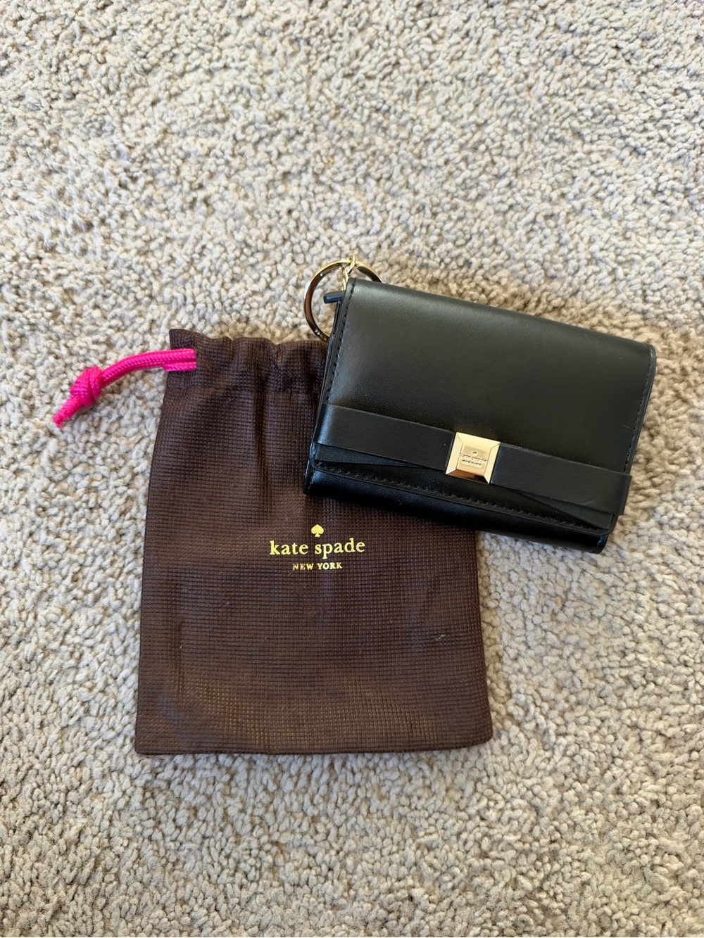 Kate Spade New York Black Leather Bow Keyring Card Case / Mini Wallet